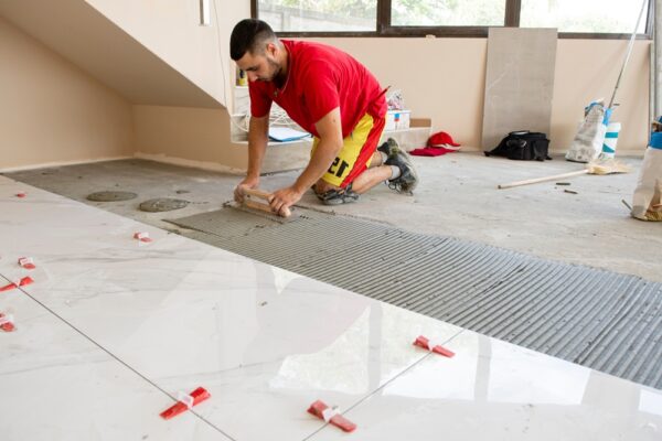 Ceramic,Tiles.,Ceramic,White,Floor,Tiles,Laid,Over,Adhesive,With
